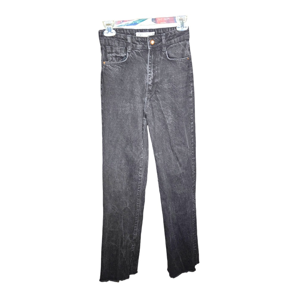 Zara Jeans Womens 2 Black Flare Leg Denim Zip Pants Raw Hem Streetwear